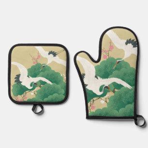 Japanese Crane and Pine Tree Oven Mitt & Pot Holder Set
