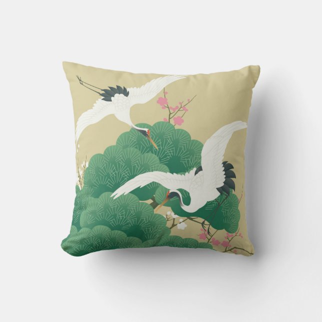 Japanese Crane and Pine Tree Throw Pillow (Front)