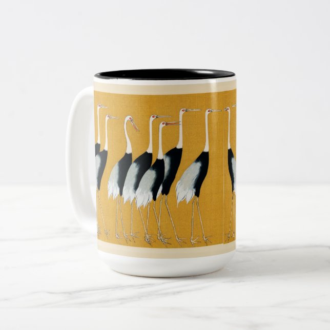 Japanese Crane Artwork Gold Pattern Two-Tone Coffee Mug (Front Left)