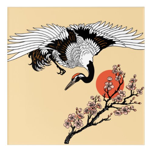 Japanese crane bird and blooming sakura acrylic print