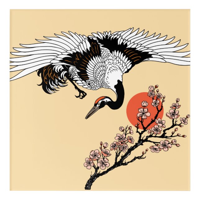 Japanese crane bird and blooming sakura acrylic print (Front)