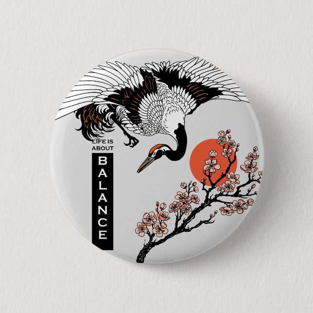 Japanese crane bird and blooming sakura button (Front)