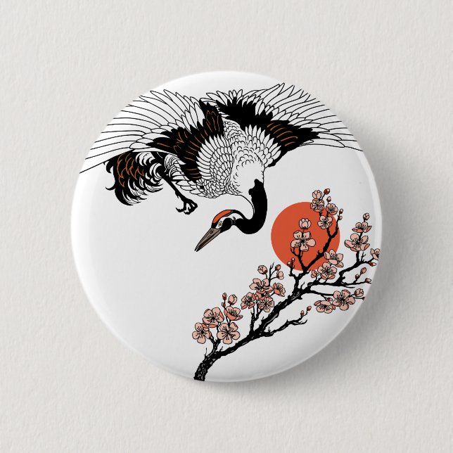 Japanese crane bird and blooming sakura button (Front)