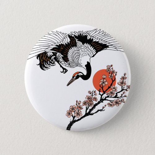 Japanese crane bird and blooming sakura button