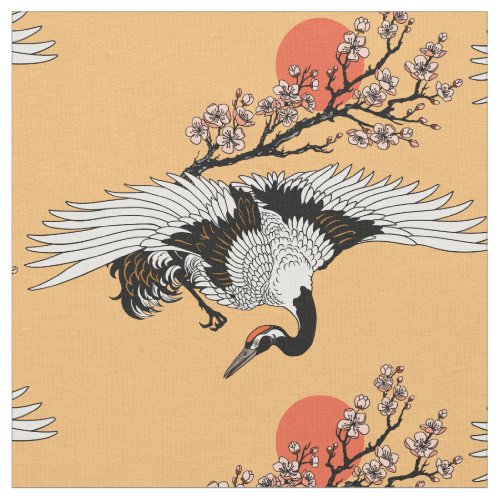 Japanese crane bird and blooming sakura fabric