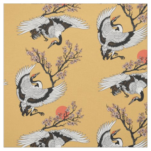 Japanese crane bird and blooming sakura fabric