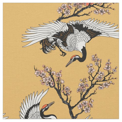 Japanese crane bird and blooming sakura fabric