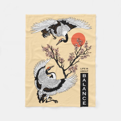 Japanese crane bird and blooming sakura fleece blanket