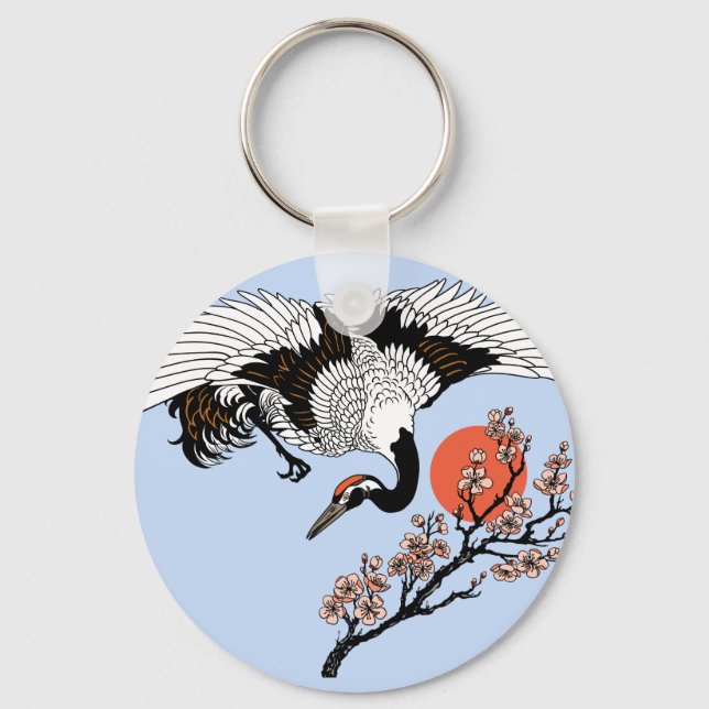 Japanese crane bird and blooming sakura keychain (Front)