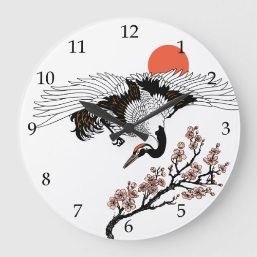 Japanese crane bird and blooming sakura large clock