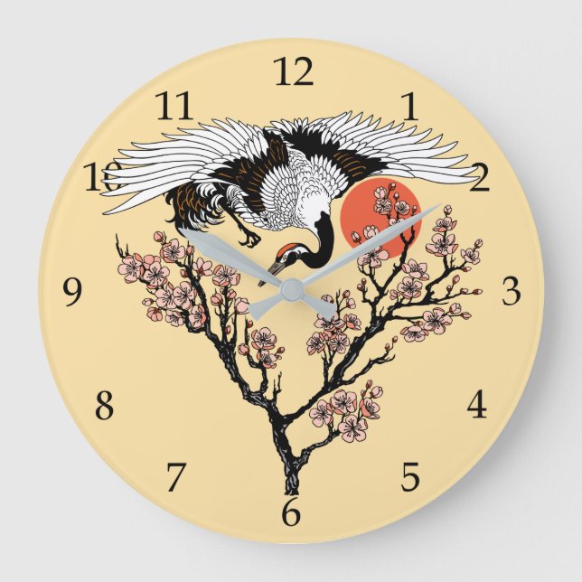 Japanese crane bird and blooming sakura large clock (Front)