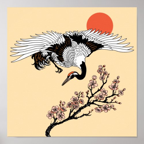 Japanese crane bird and blooming sakura poster