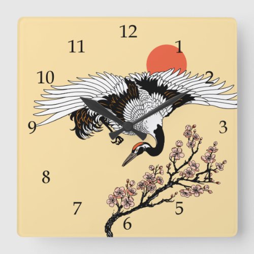 Japanese crane bird and blooming sakura square wall clock
