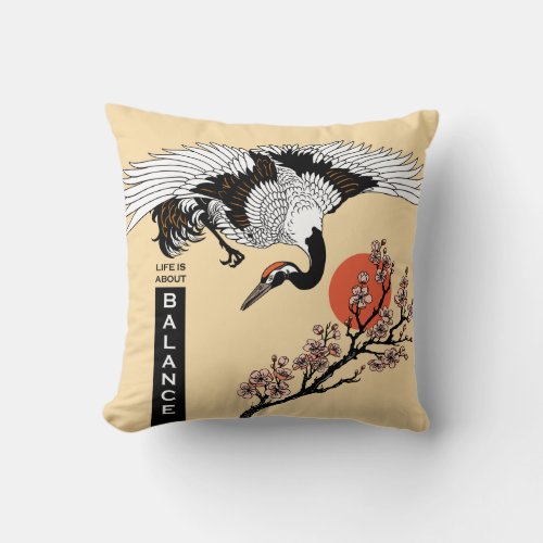 Japanese crane bird and blooming sakura throw pillow