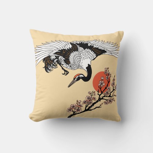 Japanese crane bird and blooming sakura throw pillow