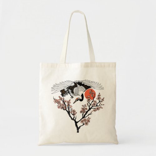 Japanese crane bird and blooming sakura tote bag