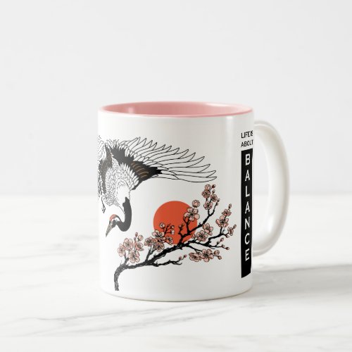 Japanese crane bird and blooming sakura Two_Tone coffee mug