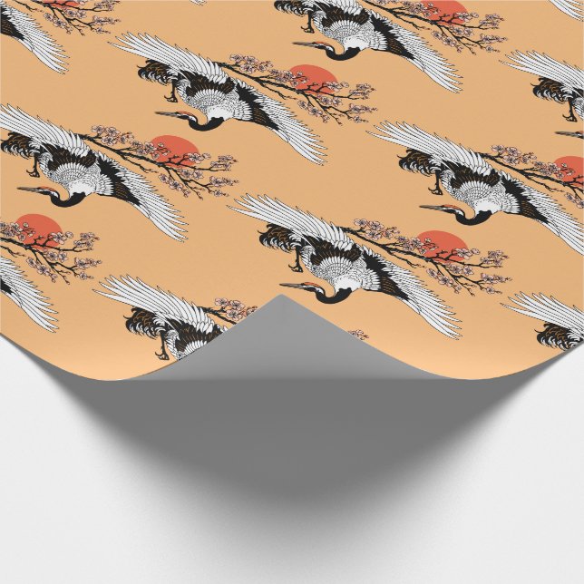 Japanese crane bird and blooming sakura wrapping paper (Corner)