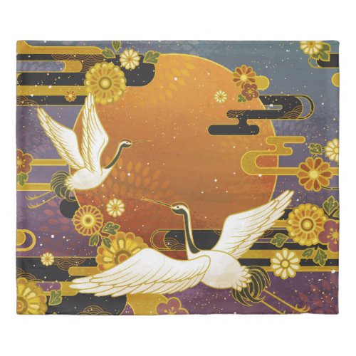 Japanese crane bird colorful sky illustration patt duvet cover