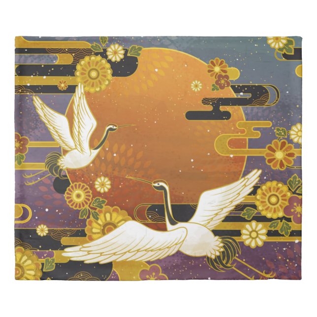 Japanese crane bird colorful sky illustration patt duvet cover (Front)