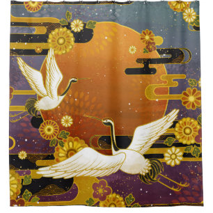 Japanese crane bird colorful sky illustration patt shower curtain