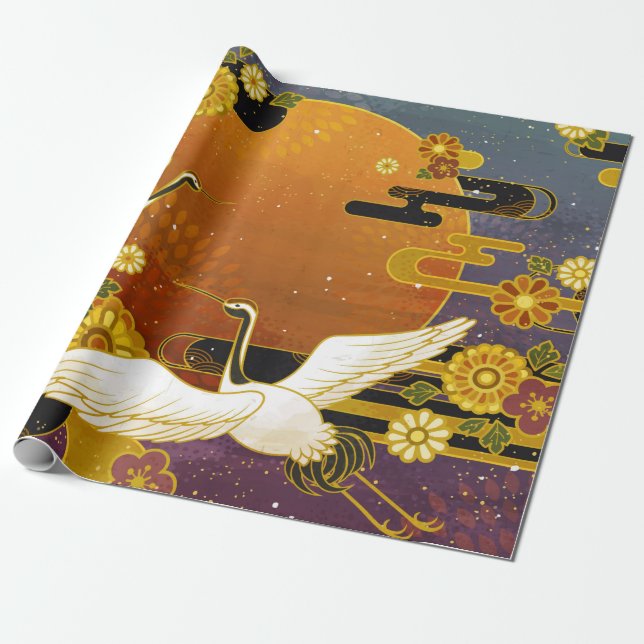 Japanese crane bird colorful sky illustration patt wrapping paper (Unrolled)