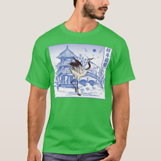 Japanese Crane Bird Temple Sakura Tree Cherry Blos T-Shirt