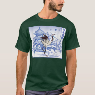 Japanese Crane Bird Temple Sakura Tree Cherry Blos T-Shirt