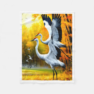 Japanese Crane Birds Autumn Forest Fleece Blanket