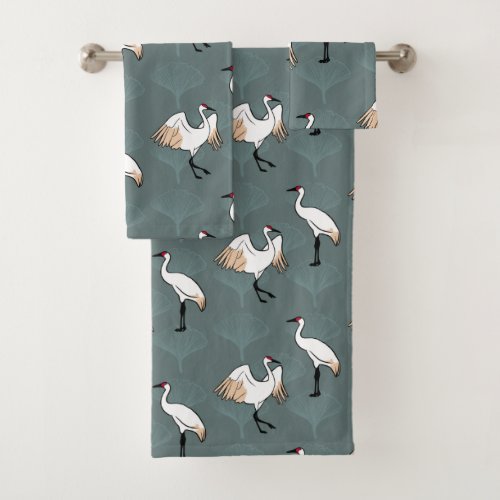 Japanese Crane Birds  Elegant Gingko Leaves Bath Towel Set