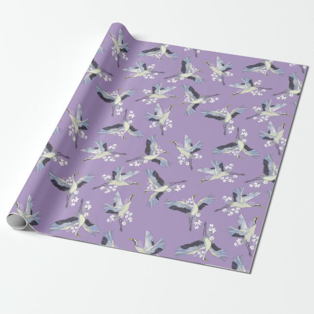 Japanese Crane Kimono Art Purple Wrapping Paper (Unrolled)
