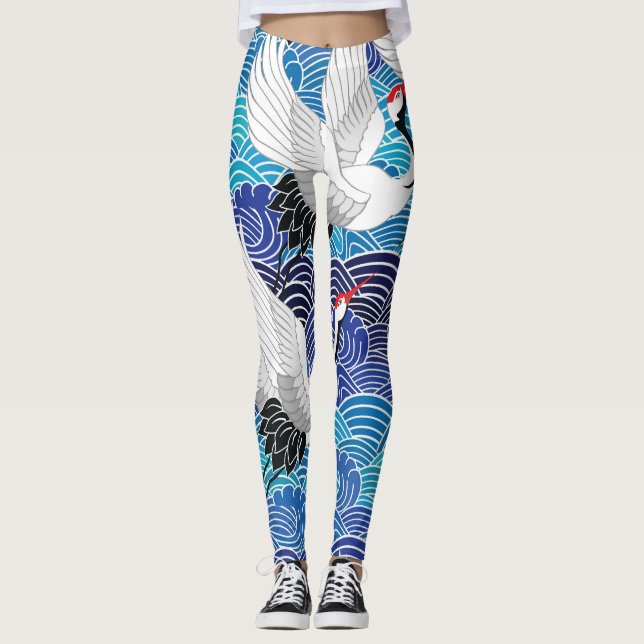 Japanese Crane: Ornate Bird Pattern. Leggings (Front)