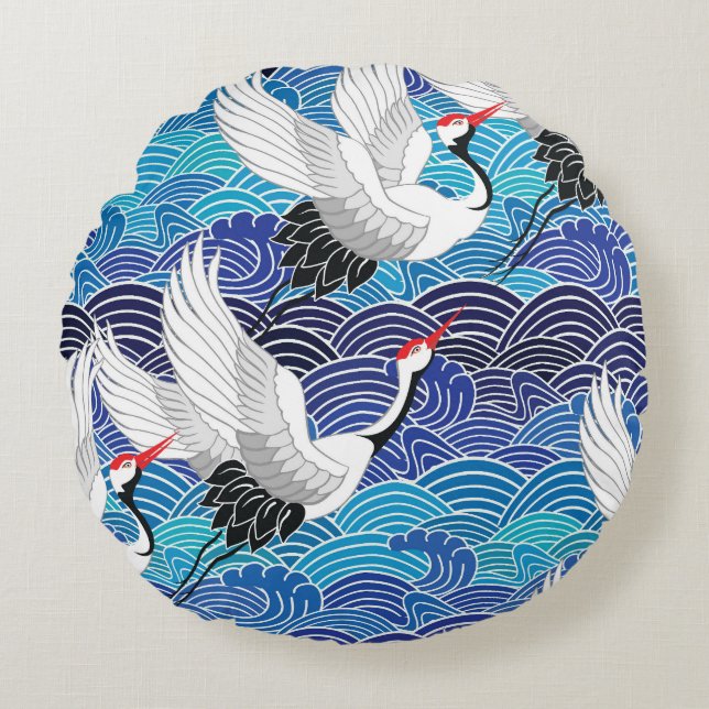 Japanese Crane: Ornate Bird Pattern. Round Pillow (Front)