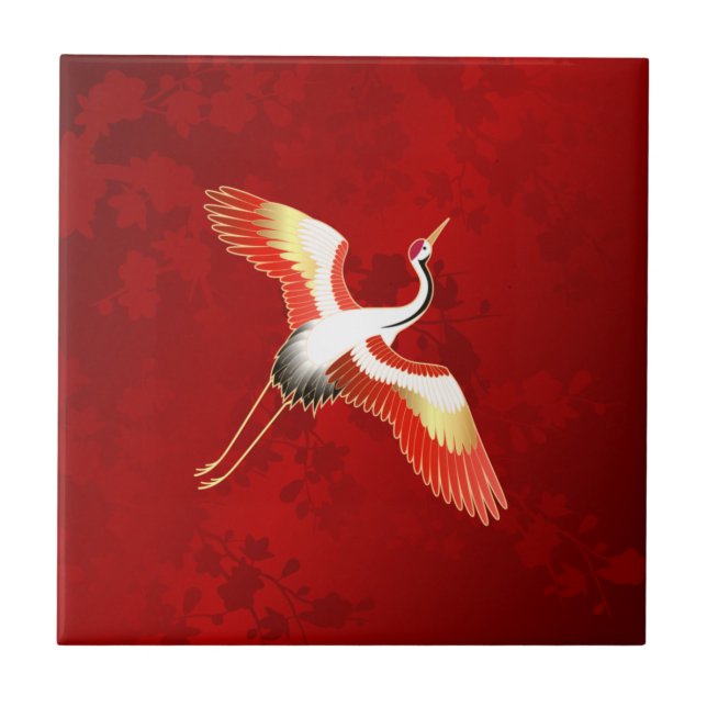 Japanese Crane Red Cherry Blossom Ceramic Tile (Front)