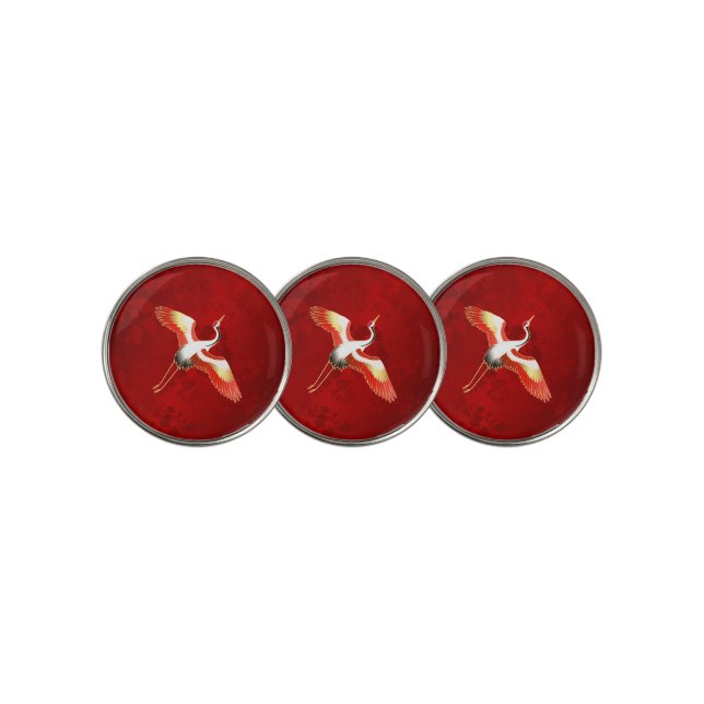 Japanese Crane Red Cherry Blossom Golf Ball Marker (3 Up)