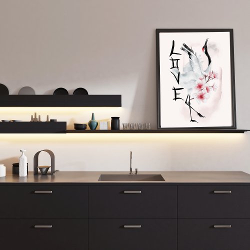 Japanese Crane Sakura Cherry Blossoms Elegant Love Poster