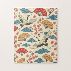 Japanese Crane Sakura Pattern Jigsaw Puzzle 
