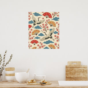Japanese Crane Sakura Pattern Poster – Traditional