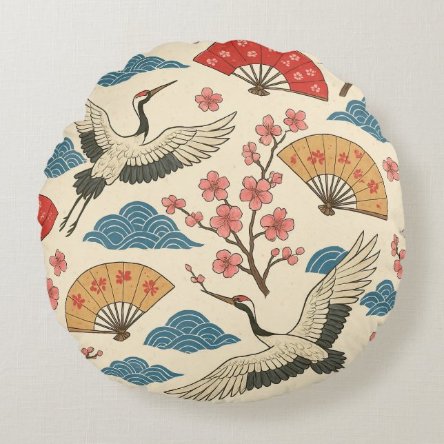 Japanese Crane Sakura Pattern Traditional Japanese Round Pillow (Front)
