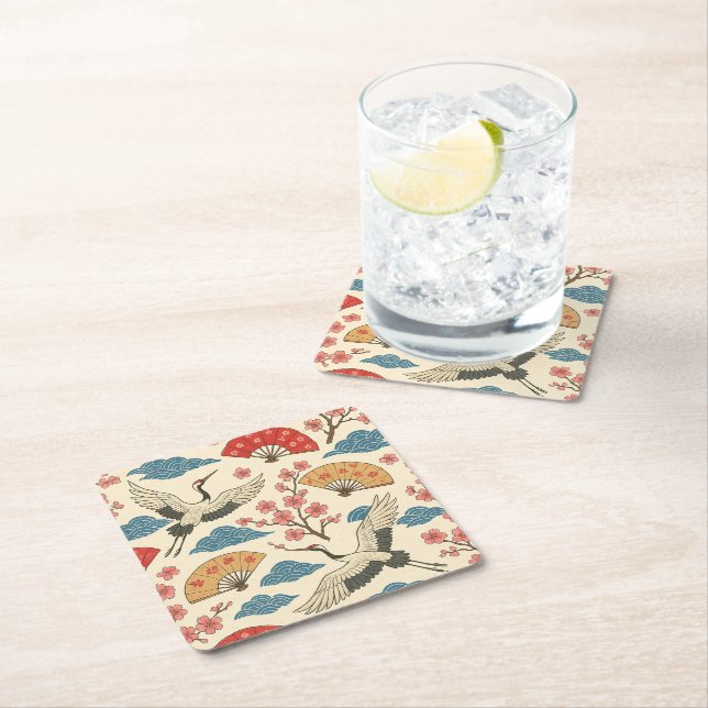 Japanese Crane Sakura Pattern Traditional Japanese Square Paper Coaster (Insitu)
