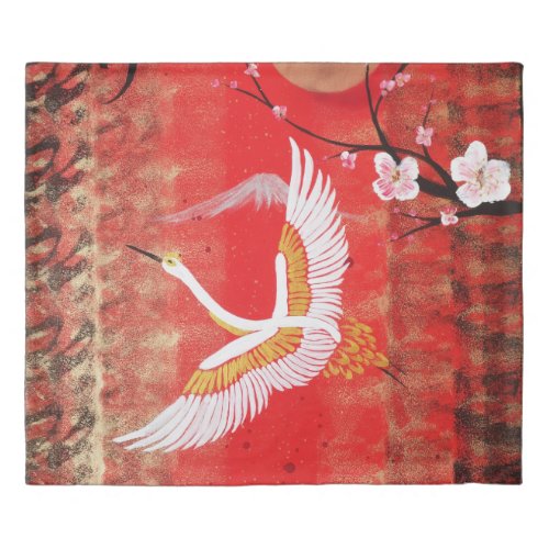 Japanese crane sun Japan sakura red Duvet