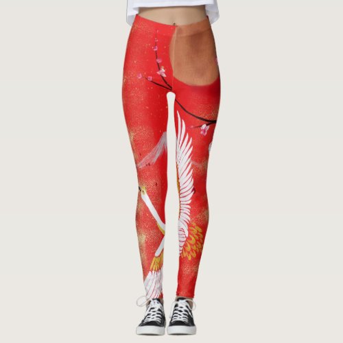 Japanese crane sun Japan sakura red Leggings