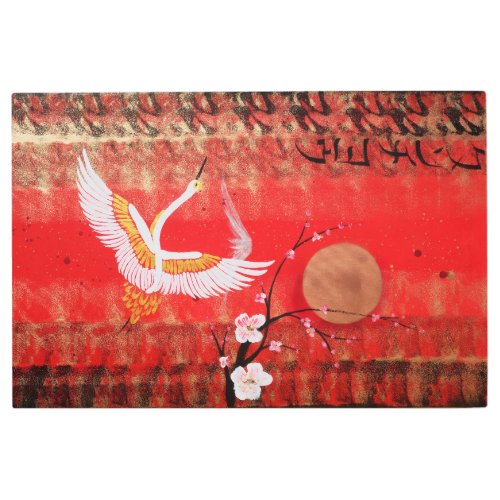 Japanese crane sun Japan sakura red MetalArt Metal Print