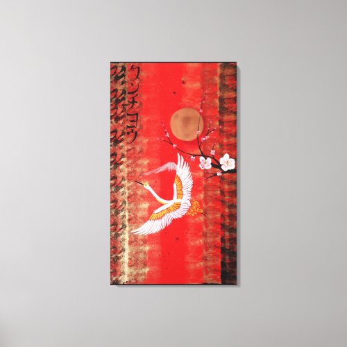 Japanese crane sun Japan sakura red painting Canvas Print