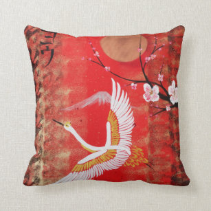 Japanese crane sun Japan sakura red painting cherr Throw Pillow