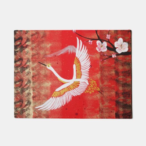 Japanese crane sun Japan sakura red painting Doormat