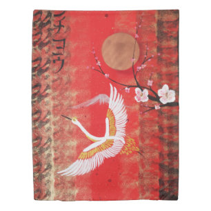 Japanese crane sun Japan sakura red painting Duvet Cover