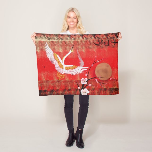 Japanese crane sun Japan sakura red painting Fleece Blanket (In Situ)