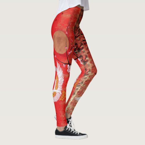 Japanese crane sun Japan sakura red painting Leggings