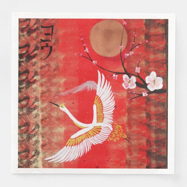 Japanese crane sun Japan sakura red painting Paper Dinner Napkins (Front)